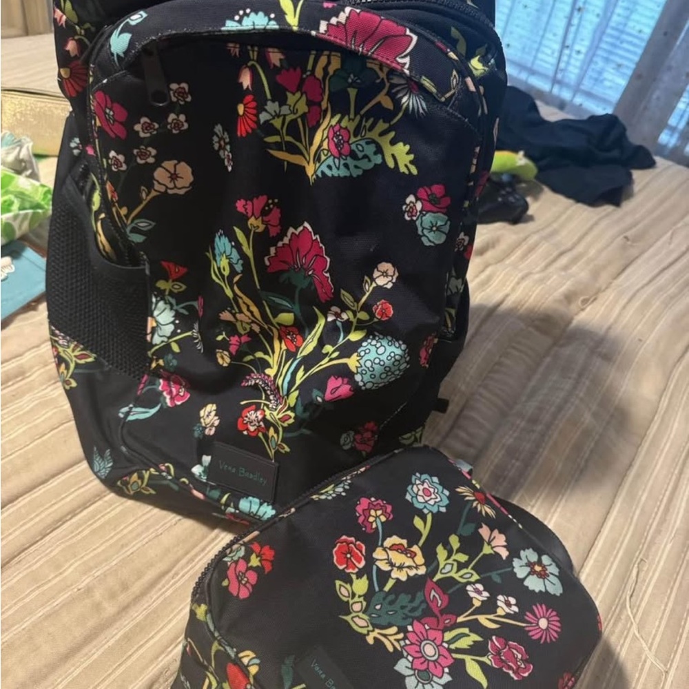 Floral Black Backpack and Pouch Set
